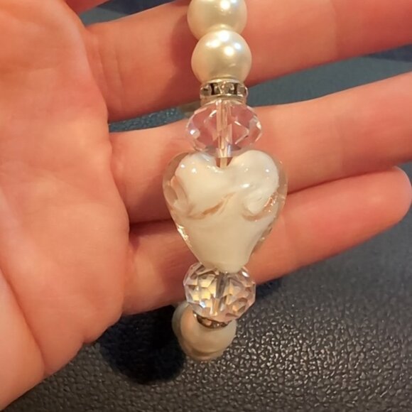 Murano Glass Look Heart Stretch Bracelet Faux Pearl Beaded Rhinestone - Picture 9 of 9